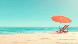 Fototapeta  - Beautiful wide panorama of tranquil beach scene with white sand, lounge chairs, and umbrella - ideal travel and tourism banner background, relaxation concept