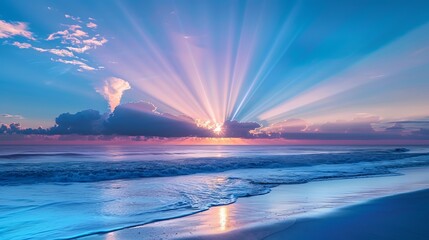 Wall Mural - Enchanting sunrise: vivid colors paint the ocean beach with sun rays dancing in the deep blue sky