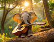 Adorable baby elephant with his guitar relaxing in a sunshine forest