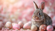 Happy Easter composition with cute bunny, painted eggs and flowers. Soft light. Pastel colors. 