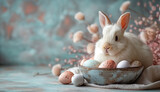 Fototapeta  - Happy Easter composition with cute bunny, painted eggs and flowers. Soft light. Pastel colors. 