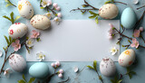 Fototapeta  - Happy Easter mock up composition with painted eggs and flowers. Soft light. Pastel colors. 