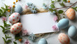 Happy Easter mock up composition with painted eggs and flowers. Soft light. Pastel colors. 