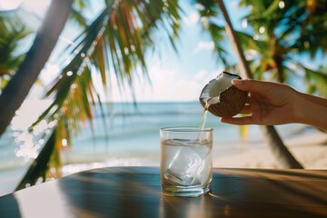 Hand pouring coconut water into a glass on a tropical beach.
