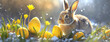 A rabbit sits surrounded by yellow crocuses and snow, a seasonal blend of winter and spring. The creature complements the flowers, embodying nature's adaptation and renewal.