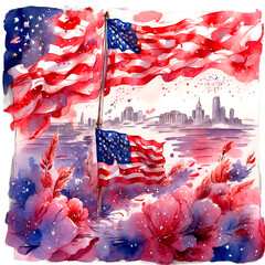 independence day, american flag , watercolor illustration, png on transparent background