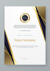 Wall Mural - Black white and gold certificate of appreciation border template with luxury badge and modern line and shapes. Certificate of achievement, awards diploma, education, school