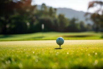 Wall Mural - Close up of a golf ball on a tee on a golf course fairway with a green in the distance