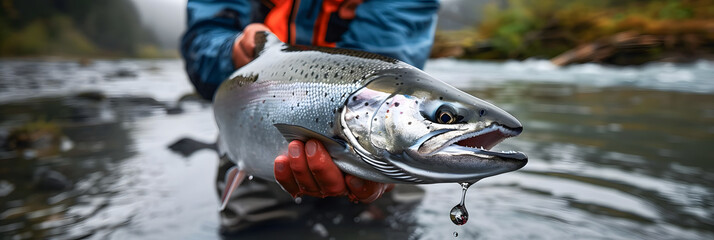 Fresh caught large Coho salmon fish being held by a fisherman above the river water in Washington State