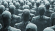 An arrangement of multiple identical figures with textured grey skin, creating a strong instance of crowd or collective under artificial lighting, suggesting uniformity and conformity.
