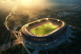 Fototapeta Sport - Aerial view of soccer stadium surrounded by city buildings with sunset in the background