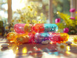 Vitamin capsules, Rainbow colored pills, Boosting energy and vitality, In a vibrant and modern kitchen, Sunny day, 3D render, Golden hour, Depth of field bokeh effect