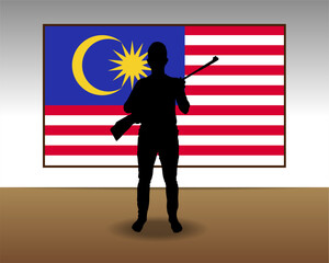 Wall Mural - Man holding a gun in front of Malaysia flag, fight or war idea