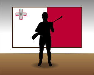 Wall Mural - Man holding a gun in front of Malta flag, fight or war idea