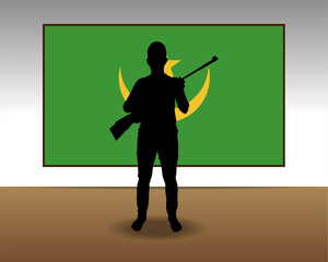 Wall Mural - Man holding a gun in front of Mauritania flag, fight or war idea