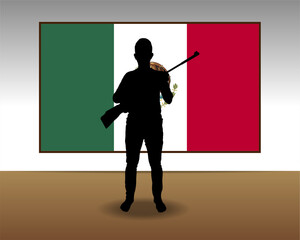 Wall Mural - Man holding a gun in front of Mexico flag, fight or war idea