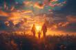Father, mother and little child in the center. Family silhouette walking down a ethereal sunset or sunrise vibrant landscape. Christian family walking the path of righteousness. 