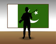 Man holding a gun in front of Pakistan flag, fight or war idea