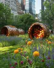 Beehive,Collaborative Park Project, Three Bee Hives Nestled Into Blooming Wildflowers In The Middle Of A Bustling City