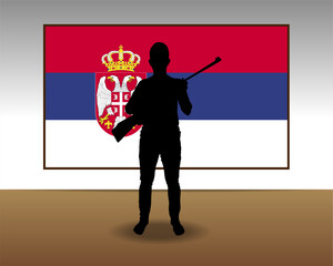 Wall Mural - Man holding a gun in front of Serbia flag, fight or war idea