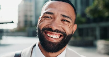 Poster - Face, smile and business man in city for work, career or job of employee in urban town in Brazil. Portrait, outdoor and happy professional, entrepreneur and laughing salesman in street for travel