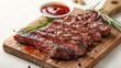 © Vasiliy - Sliced flank steak cooked medium on a charcoal grill on a light background. Top view