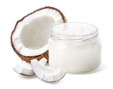 Fototapeta  - Glass jar of coconut oil and fresh coconut halve and pieces on white background