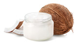 Fototapeta  - Glass jar of coconut oil and fresh whole coconut and pieces on white background