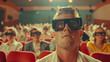 A man wearing 3D glasses is in a movie theater with a crowd of people. The man is looking at the screen with a serious expression on his face. The scene is set in a movie theater