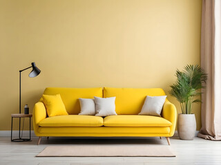 Wall Mural - Yellow sofa with cushions on the wall background, blank wall mock-up for promotional products