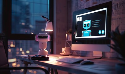 Fototapete - On the computer screen, an image of a chatbot is shown, symbolizing interaction with the AI assistant