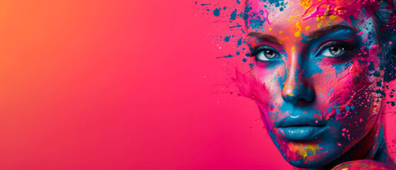 Wall Mural - A woman's face is painted with bright colors and is the main focus of the image. The background is a bright pink color, which adds to the overall vibrant and lively atmosphere of the photo