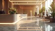 Elegant Hotel Lobby Reception, sophisticated hotel lobby bathed in soft light, with attentive staff at the reception, creates a welcoming atmosphere for guests