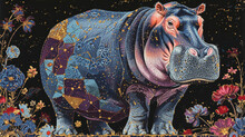 A Colorful And Detailed Drawing Of A Hippo Standing In A Field Of Flowers. The Image Has A Whimsical And Playful Mood, With The Bright Colors And Intricate Details Of The Hippo