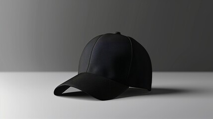 The mock-up of black sports cap on gray background. Minimalism, advertising light. Generated by artificial intelligence.