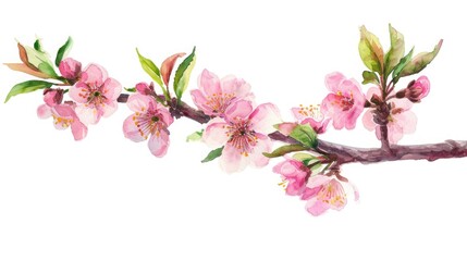 watercolor illustration of blooming peach tree branch, isolated on white background