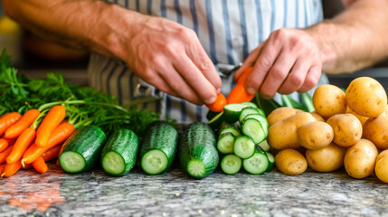 Wall Mural - A man is cutting up vegetables on a counter. There are many carrots and cucumbers on the counter