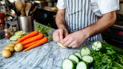 Wall Mural - A man is preparing vegetables on a marble countertop. He is cutting up carrots and cucumbers