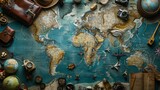 Fototapeta  - World map with scattered travel objects, conceptualizing journey planning, johannesburg, south africa, december 30, 2017