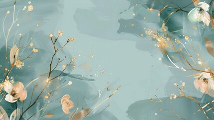  A modern abstract background, featuring flowers, branches, gold brushstrokes. 