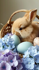 Canvas Print - A baby rabbit is sitting in a basket with eggs and flowers. The basket is filled with blue and purple flowers, and the eggs are white