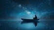 Man in boat under starry sky: serene seascape with reflection, dreamlike sleep picture in imagination