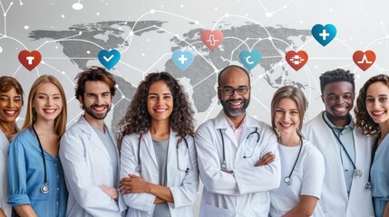 Global health unity, with hearts connecting all continents in a network of care