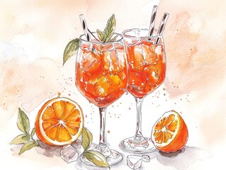 Wall Mural - Two glasses of orange juice with a slice of orange in each glass