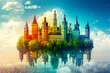 Surreal cityscape with an inverted reflection of colorful, fairytale-like towers under a clear blue sky