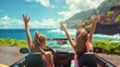 Exciting adventure: girls embrace freedom driving convertible on summer road trip in hawaii - happy vacation moments