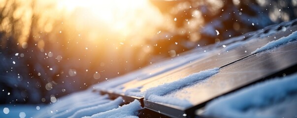 Wall Mural - Snow covering the solar panel in sunset light. Winter renewable solar concept