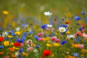Wall Mural - Colorful wildflowers in a field with a shallow depth of field.