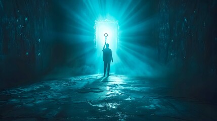 Wall Mural - Conceptual image of a person holding a key and unlocking a  reality