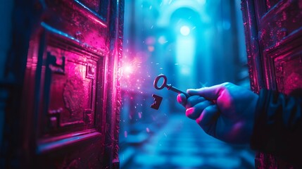 conceptual image of a person holding a key and unlocking a reality